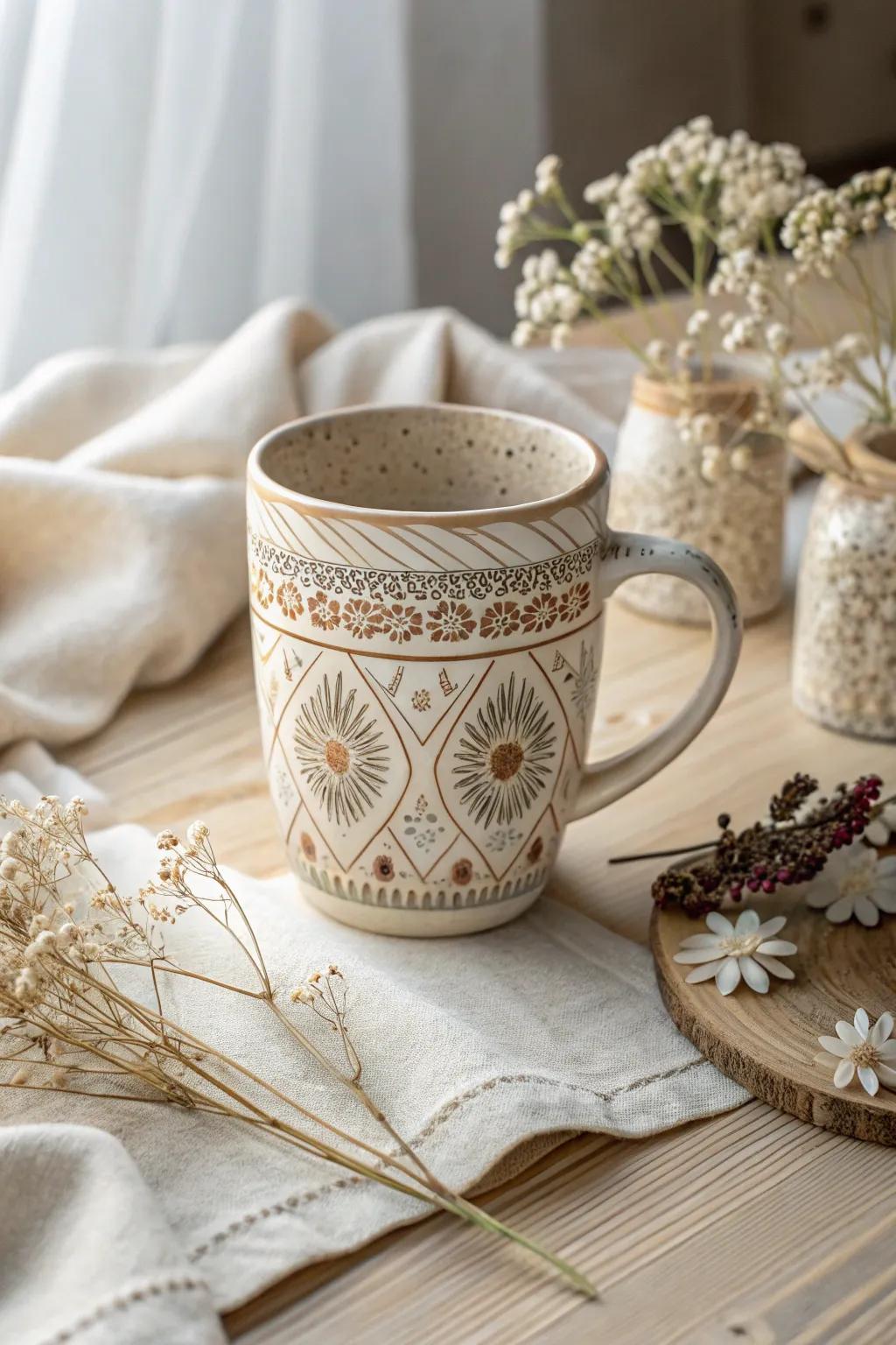 Discover the beauty of themed mugs with a touch of boho charm.