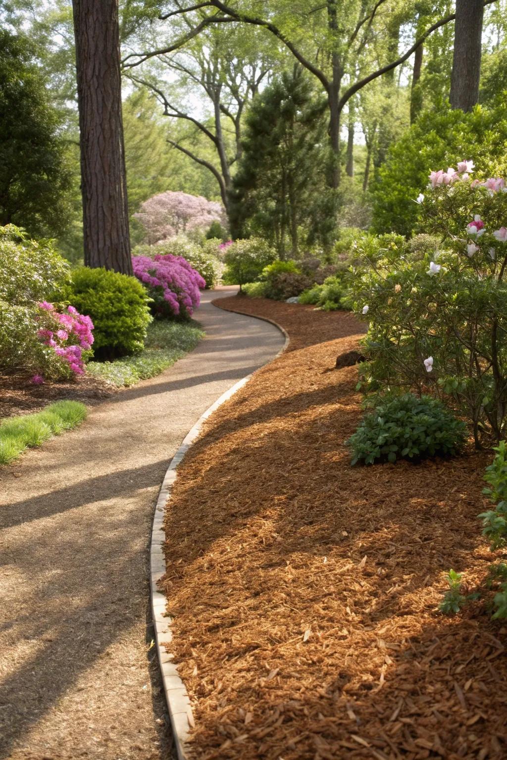 Explore the serene beauty of a winding mulch pathway, crafted for a captivating garden journey.