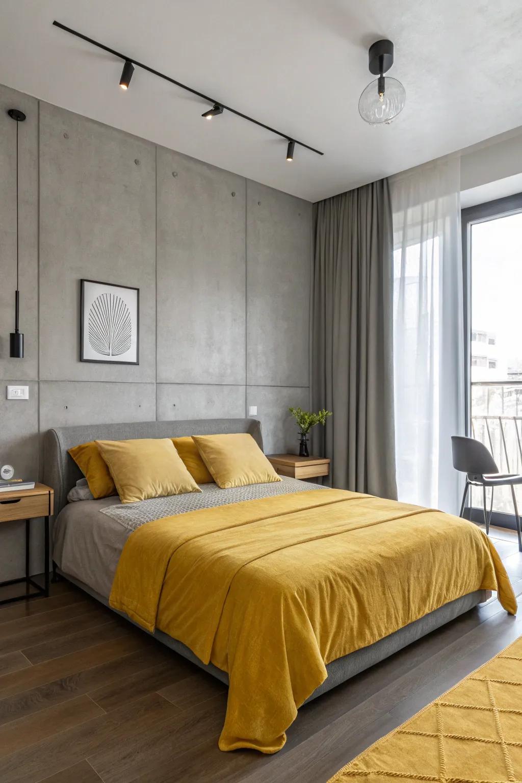 A modern bedroom showcasing the chic contrast of mustard yellow and gray.