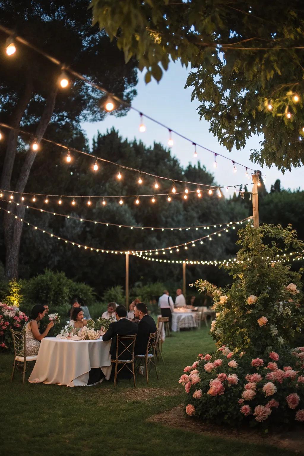 String lights create a magical ambiance over a garden wedding reception.