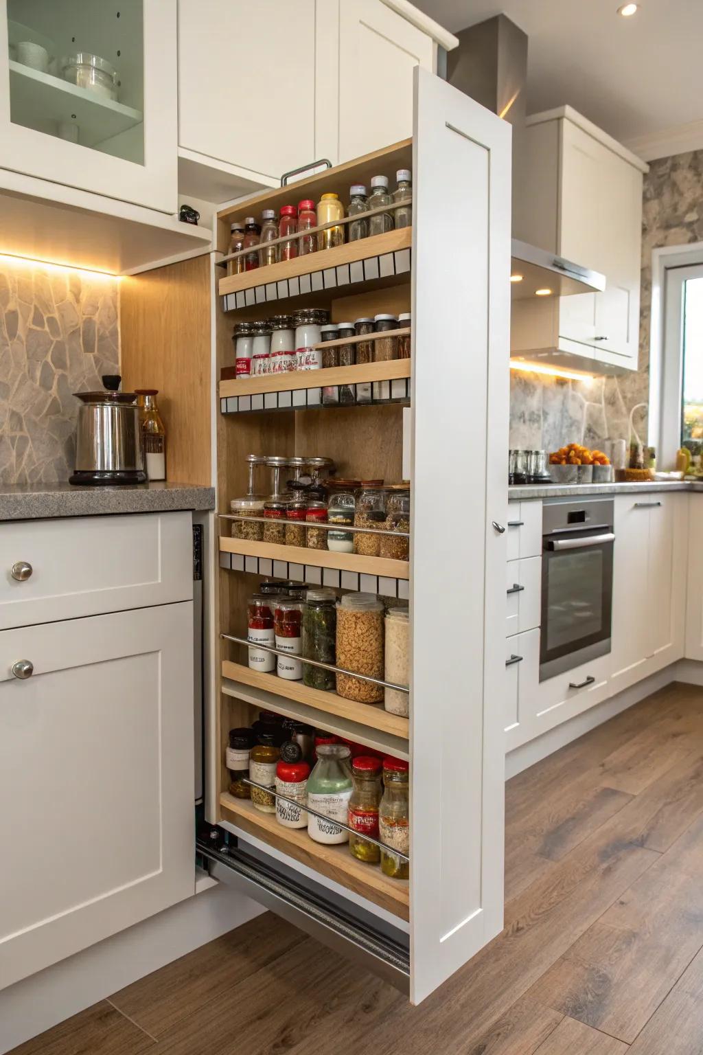 A narrow pull-out cabinet showcasing organized spices and kitchen essentials.