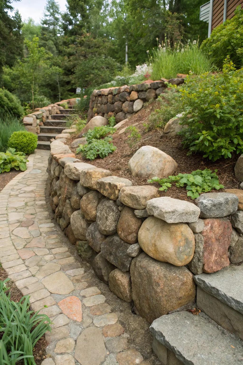Discover the rustic charm of irregular stones in your garden retaining wall.
