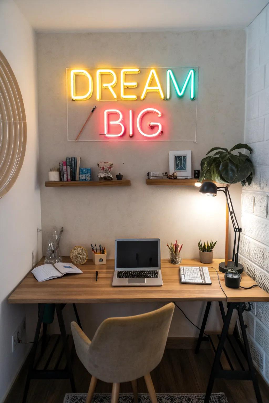 Inspiration strikes with a 'Dream Big' neon sign in a home office.