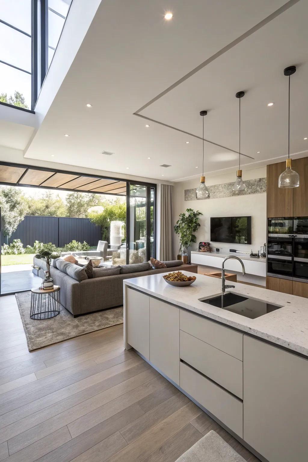 An open kitchen that beautifully integrates with the living area, enhancing space and connectivity.