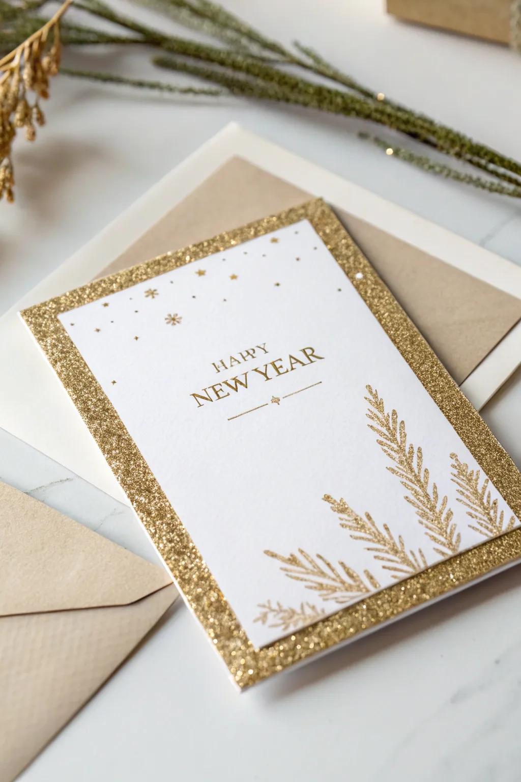 Add a touch of elegance to your New Year greetings with a minimalist card adorned with shimmering gold accents.