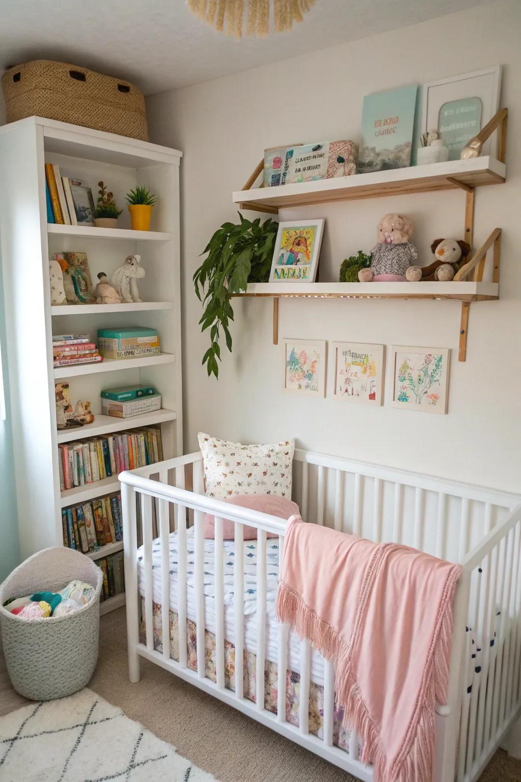 Vertical shelving creates space without cluttering the floor.