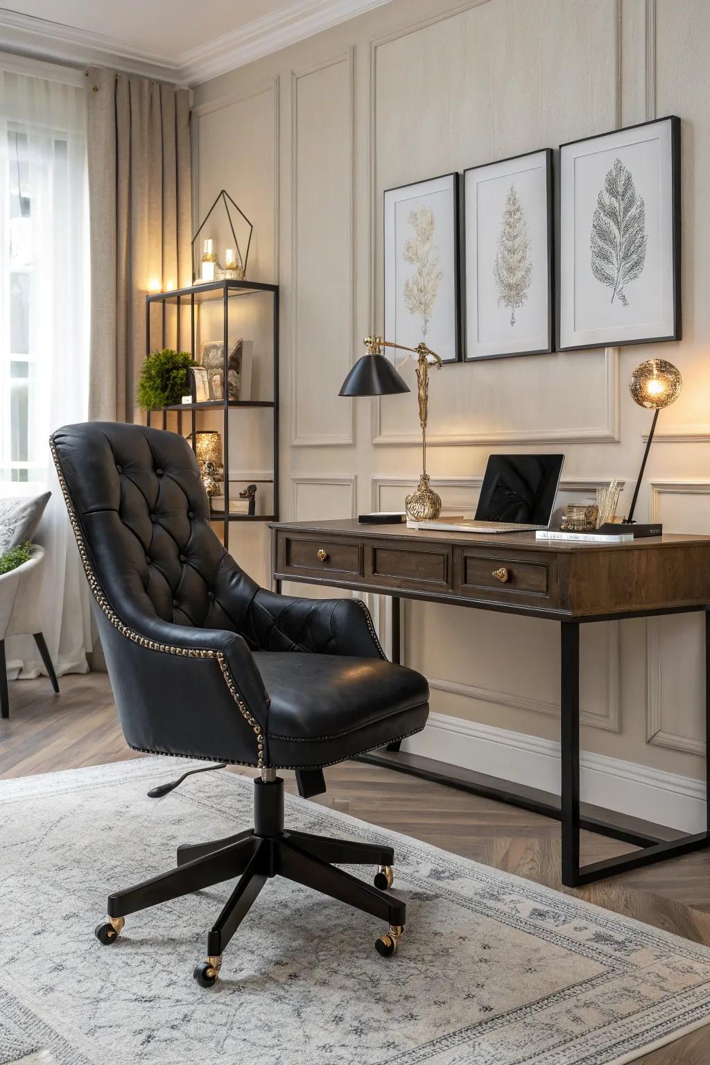 A black leather chair adds a touch of sophistication to any home office.
