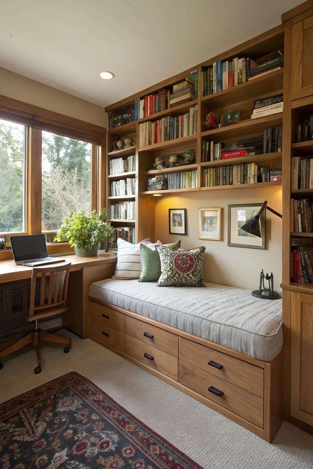 A built-in daybed surrounded by shelves adds both functionality and style.