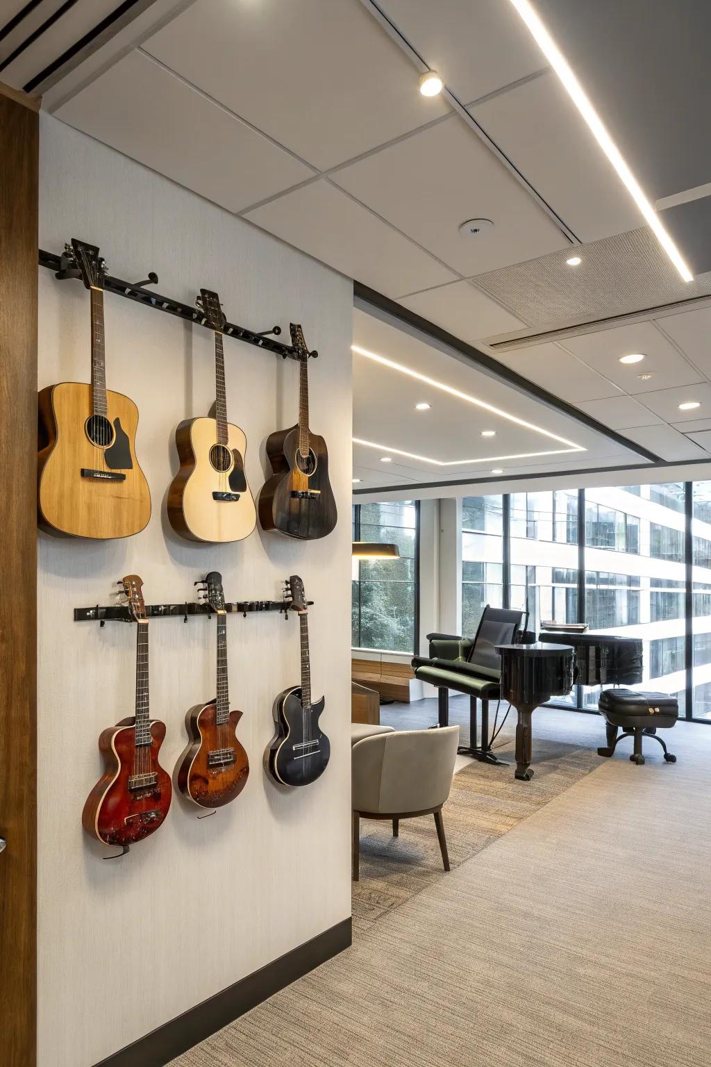 Wall-mounted guitars add a personal and artistic flair.
