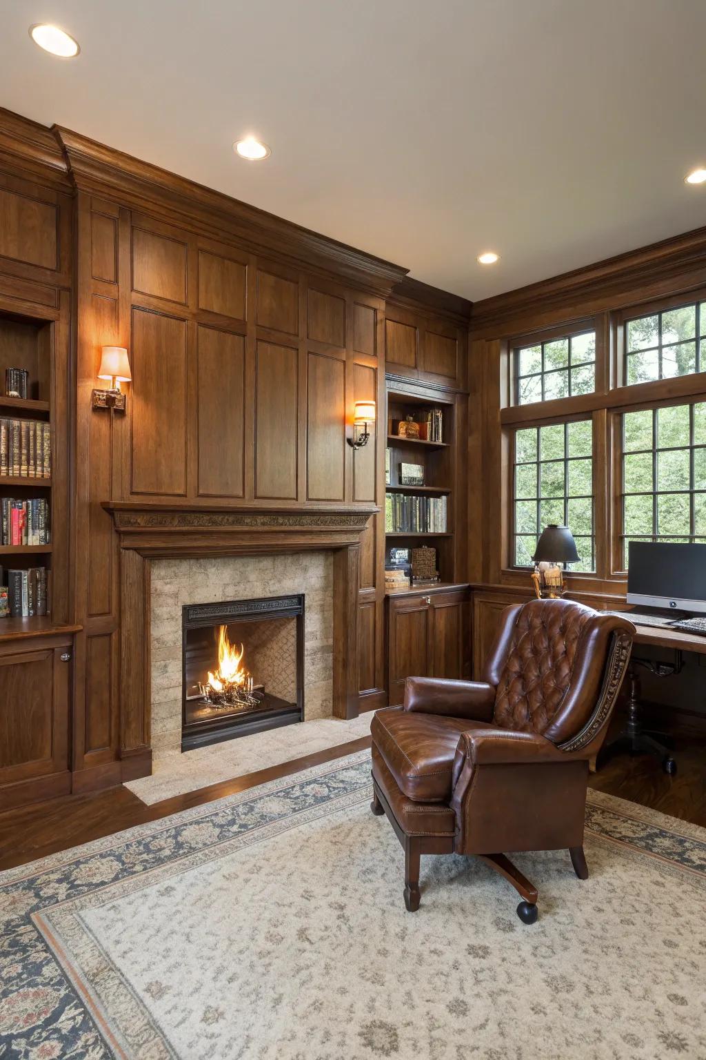 Wood paneling adds a touch of timeless elegance to this office.