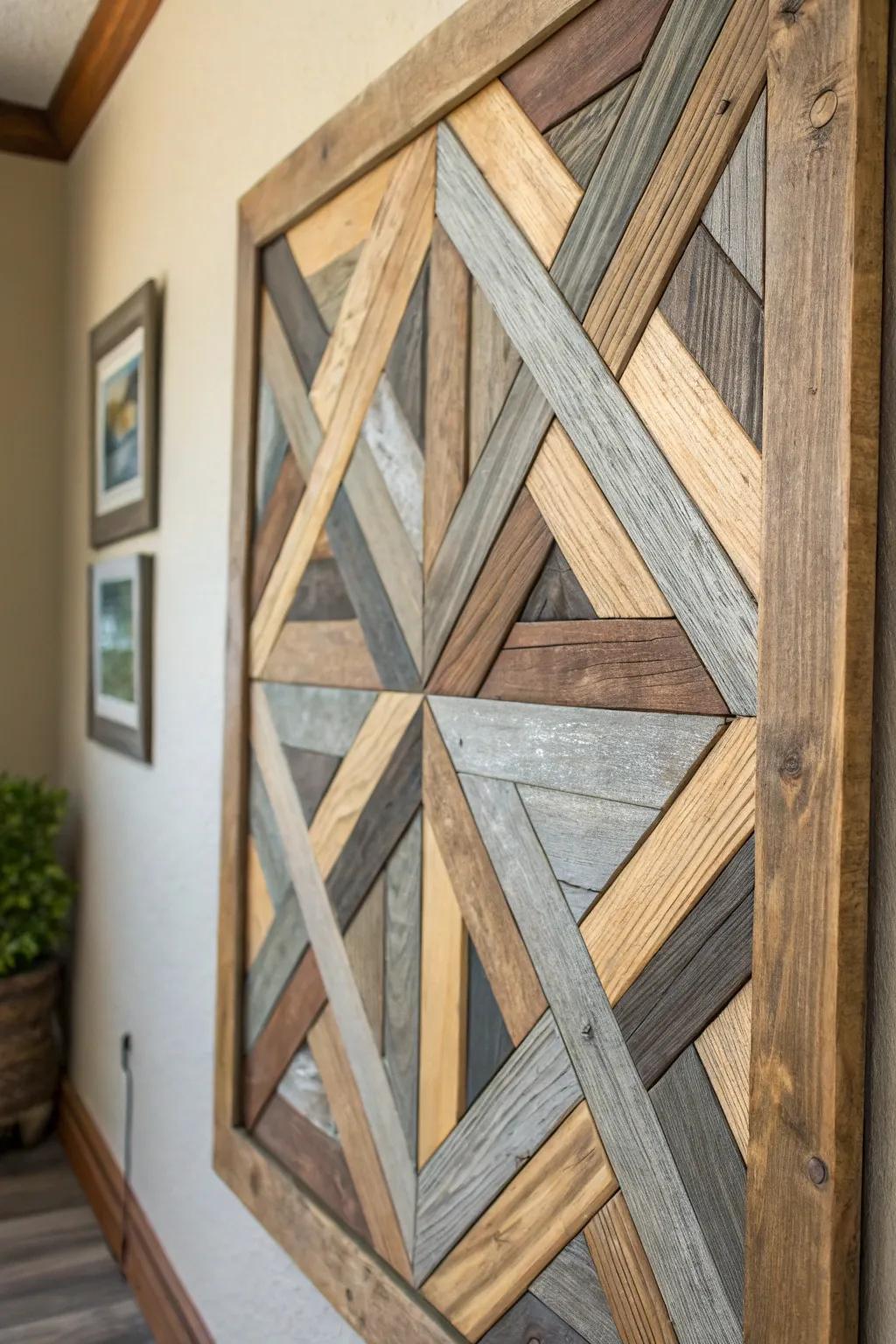 Elevate your space with rustic charm: handcrafted geometric wall art from reclaimed fence wood.