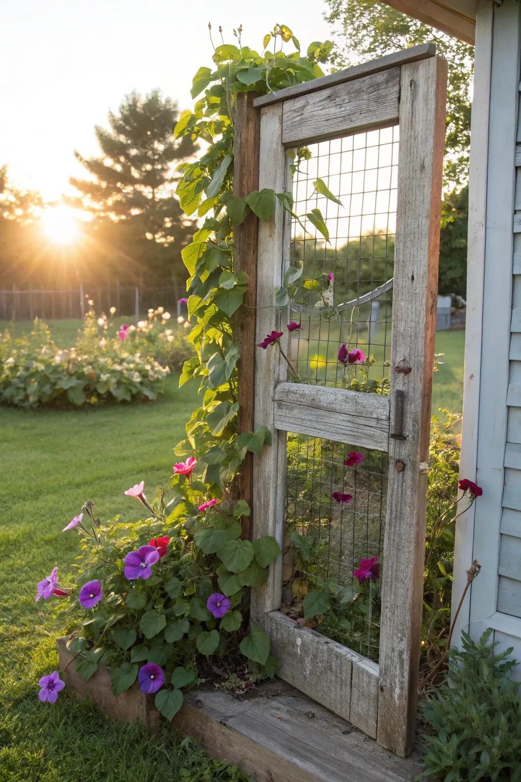 Transform your garden with a touch of rustic elegance: an old screen door garden trellis for vibrant climbing blooms.