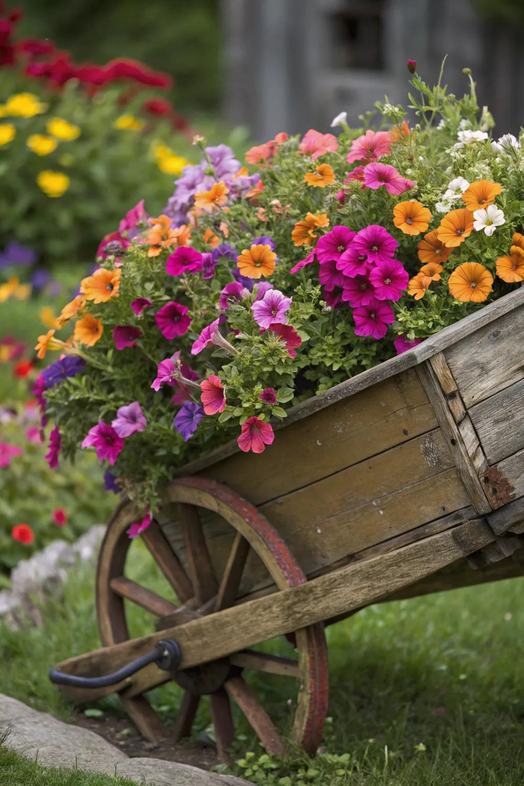 Transform your garden with a stunning floral cascade, turning a vintage wheelbarrow into a masterpiece of blooms.