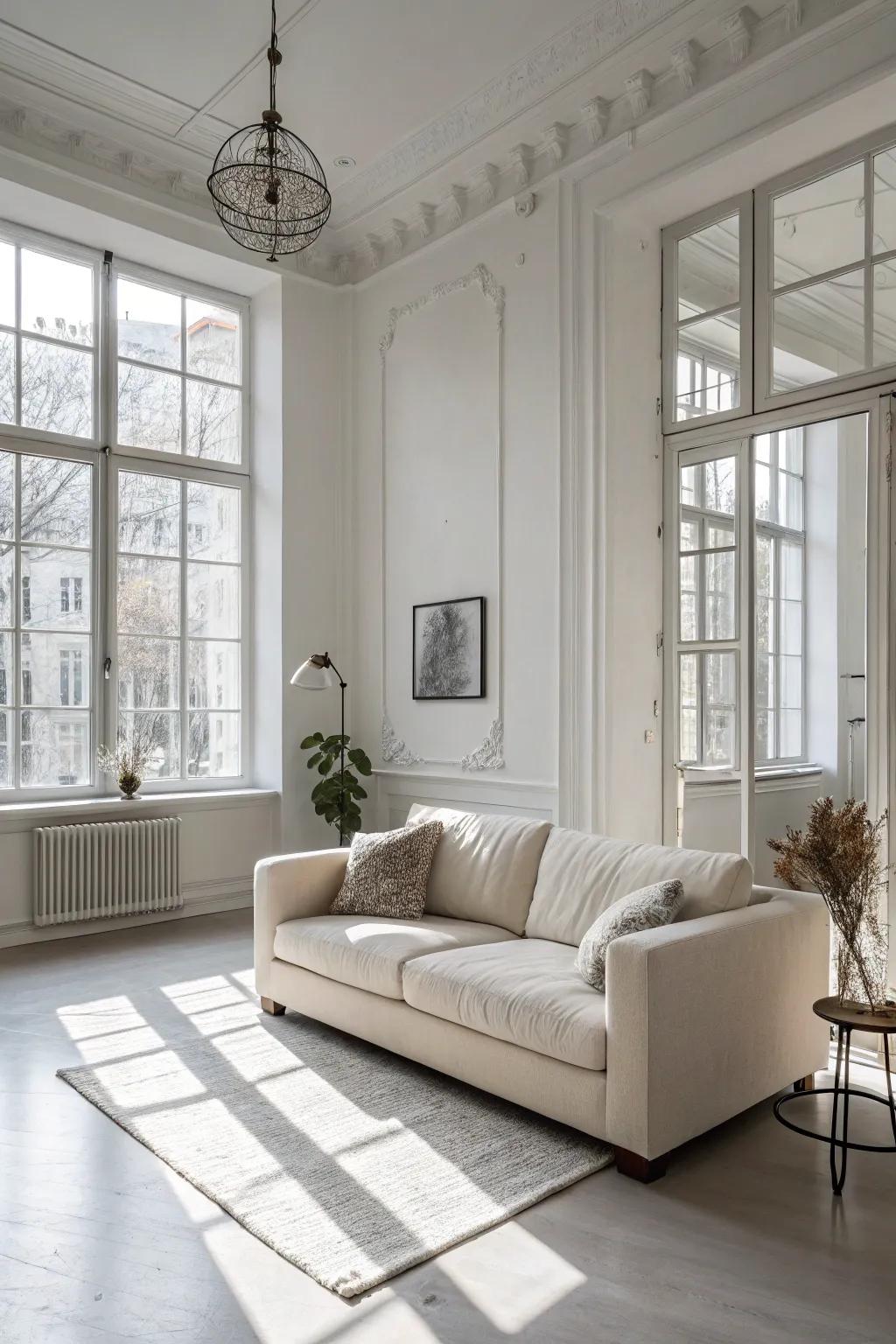 A minimalist setup that highlights the couch in an open space.