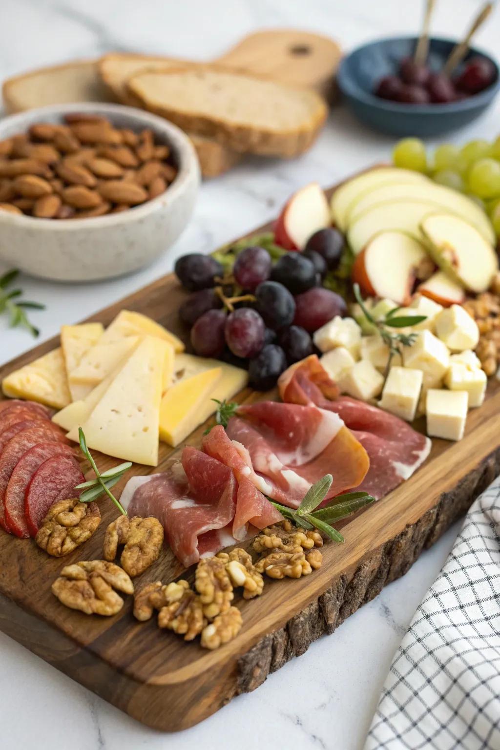 A charcuterie board that entices with its rich variety and visual appeal.