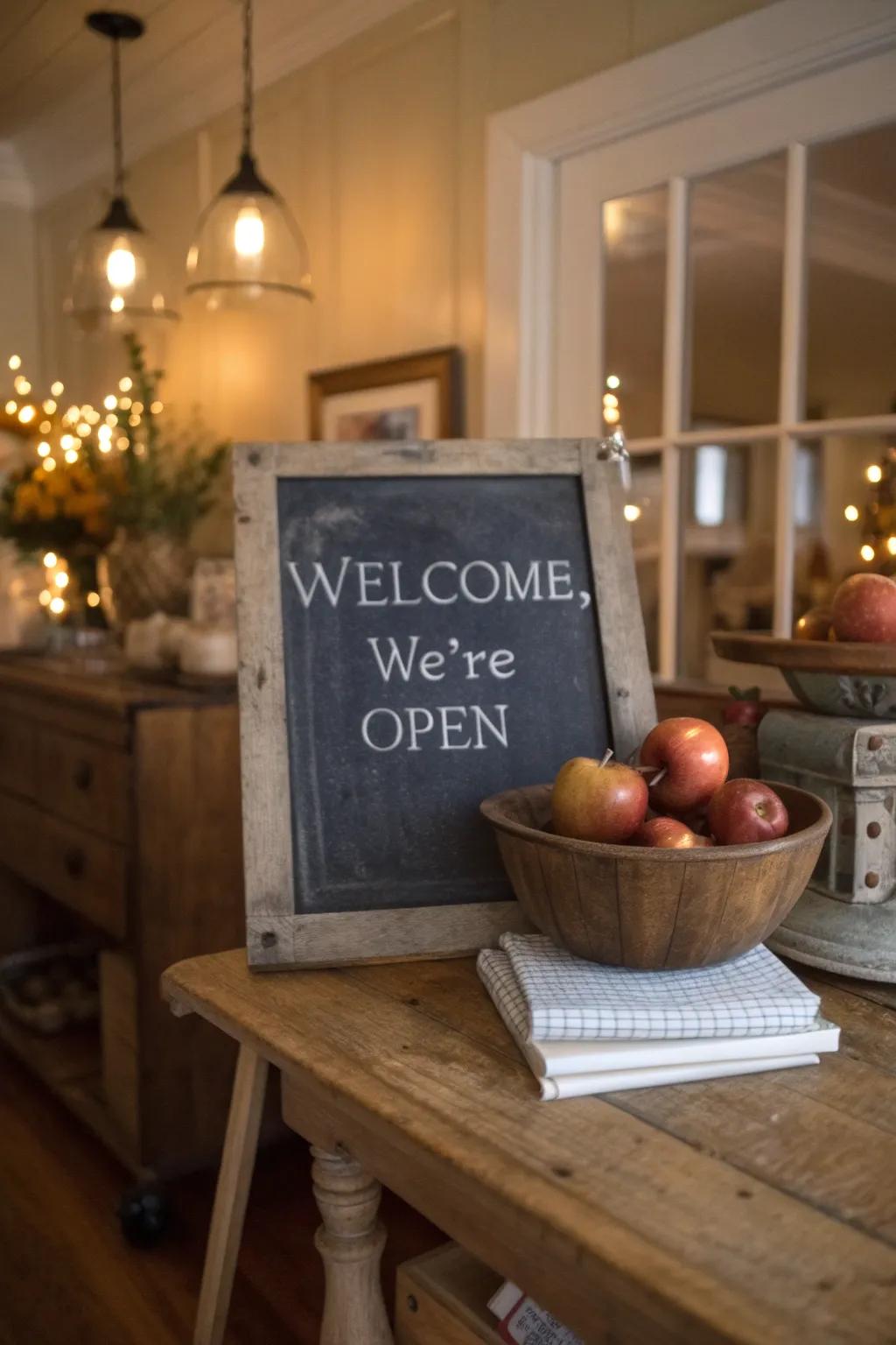 A charming chalkboard sign adds a personal touch to any room.