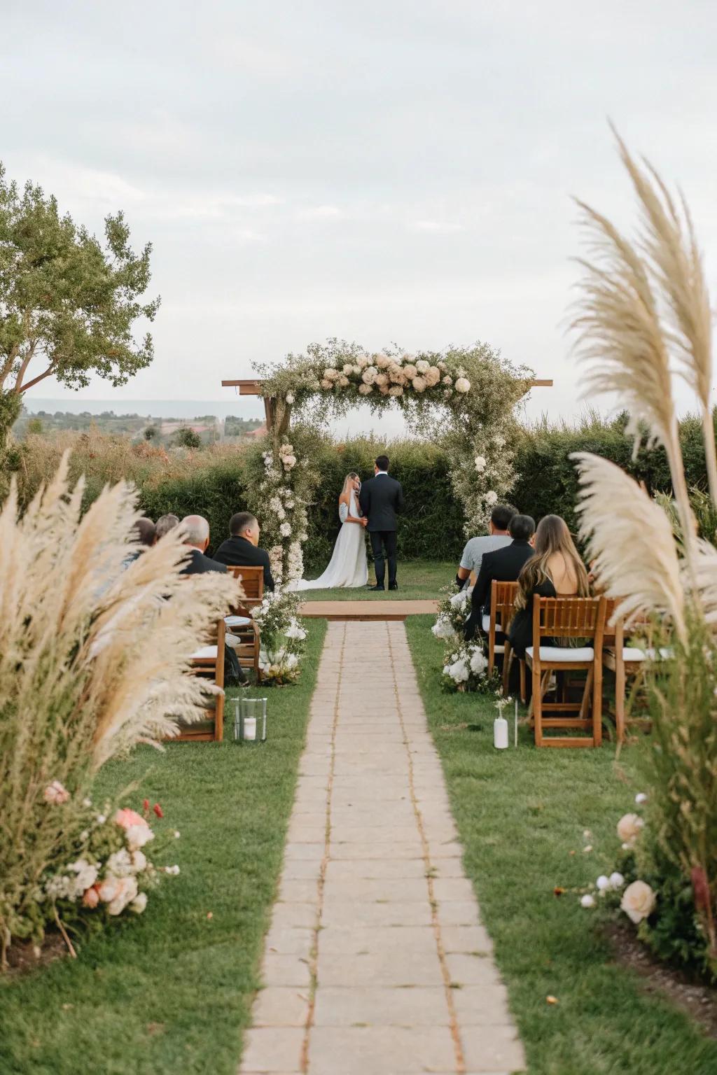 Elegant pampas grass arrangements frame a beautiful wedding altar.