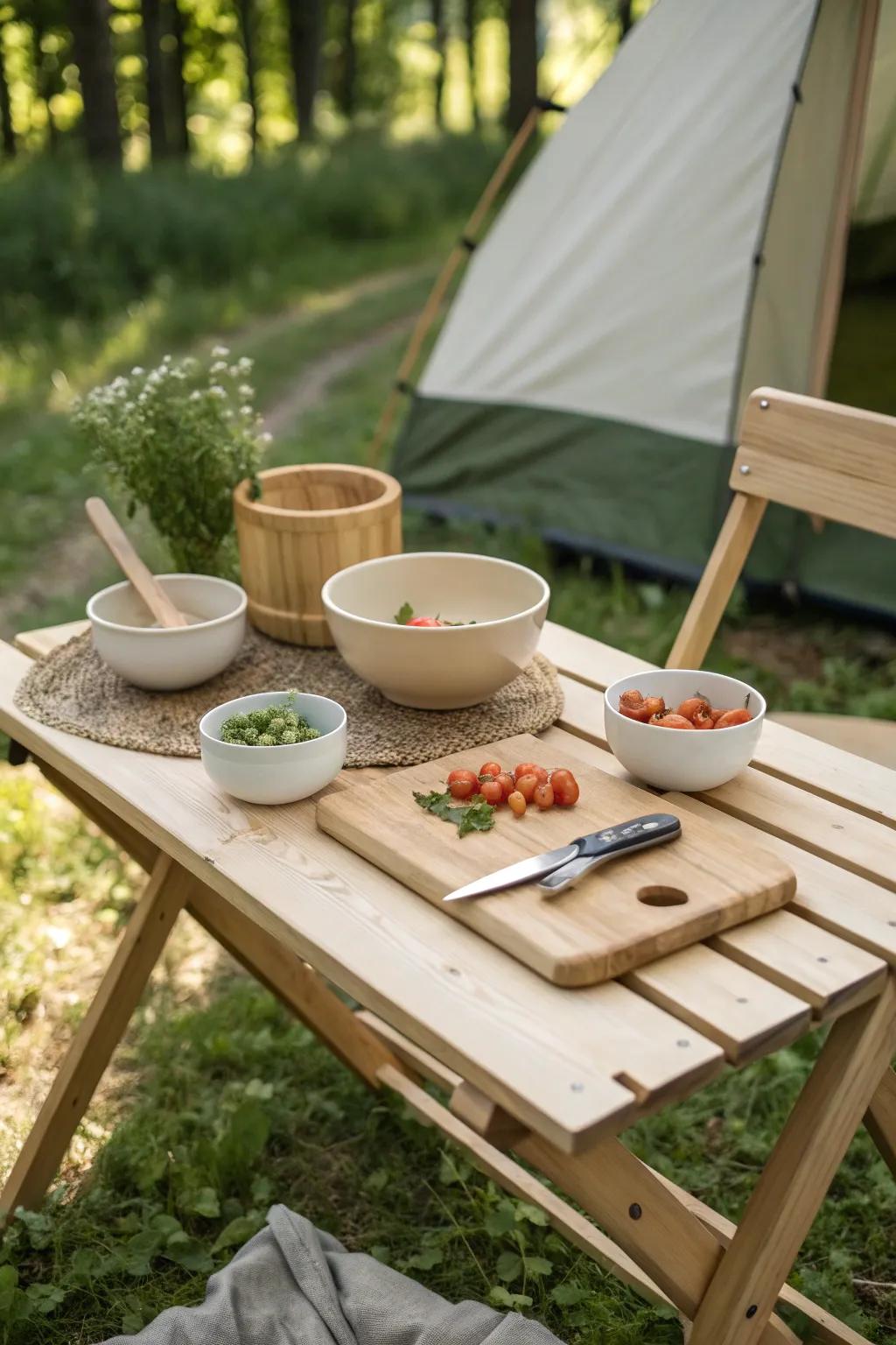 Embrace the wild with this minimalist foldable table setup, perfect for your next outdoor culinary adventure.