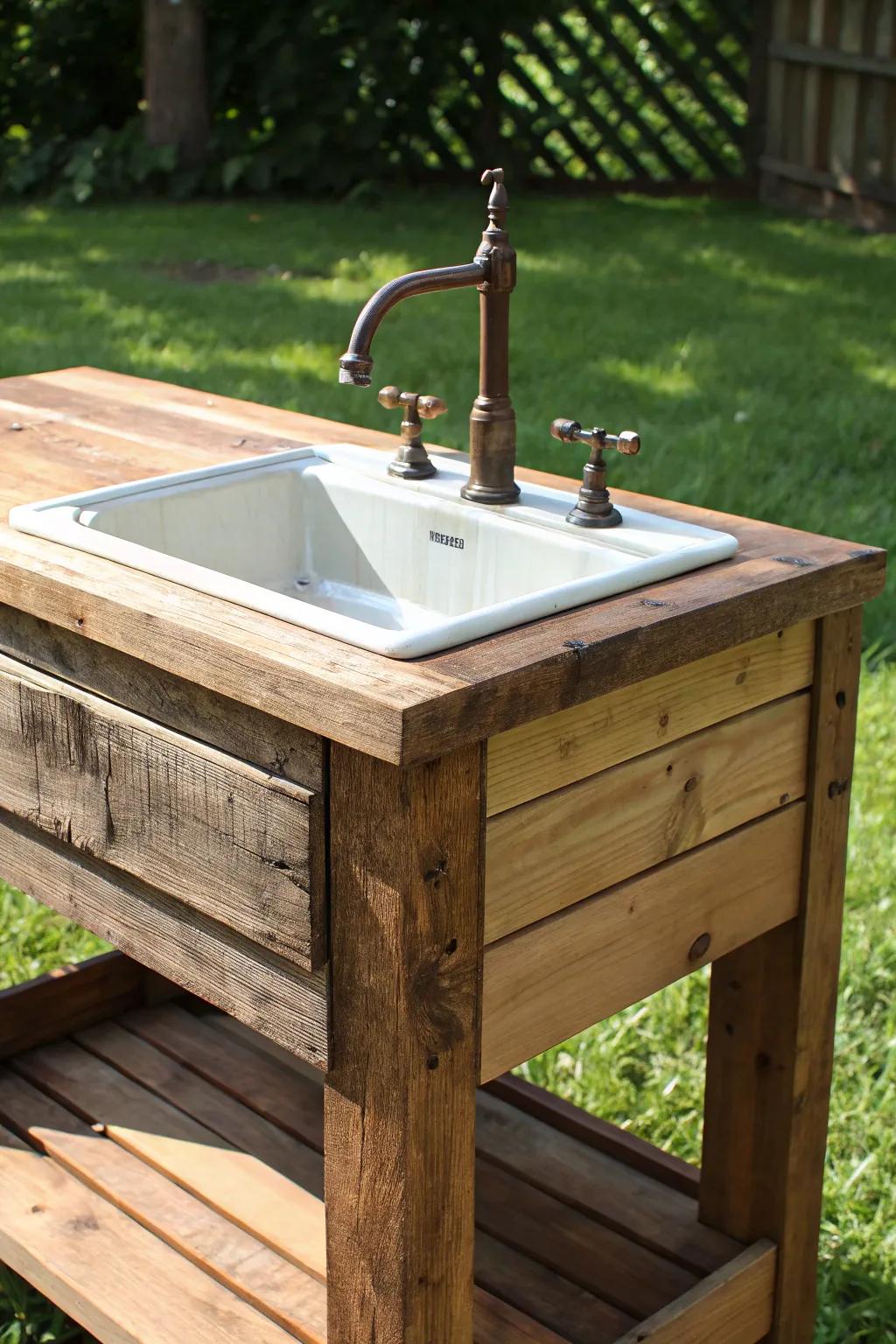 Elevate your outdoor space with a rustic wood-framed sink that blends natural beauty and craftsmanship.