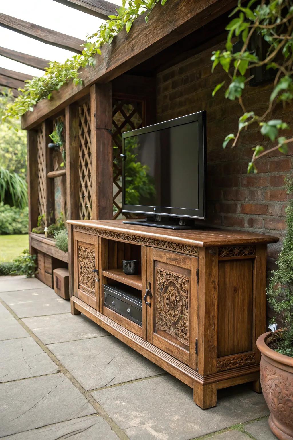 Elevate your outdoor space with timeless craftsmanship: a classic wooden TV enclosure.