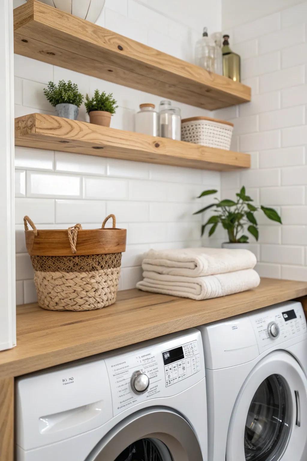 Elevate your laundry space with DIY wooden shelves that blend Scandinavian simplicity with boho charm.