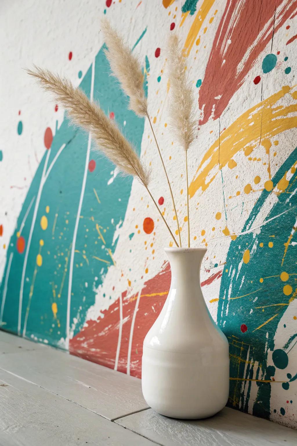 Infuse your living space with vibrant energy and minimalist elegance through bold paint splatter art.