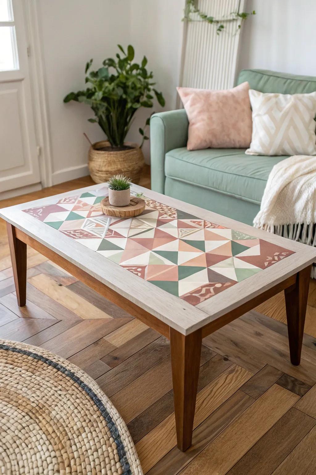 Transform your space with a stunning geometric painted coffee table — where minimalist design meets boho charm.