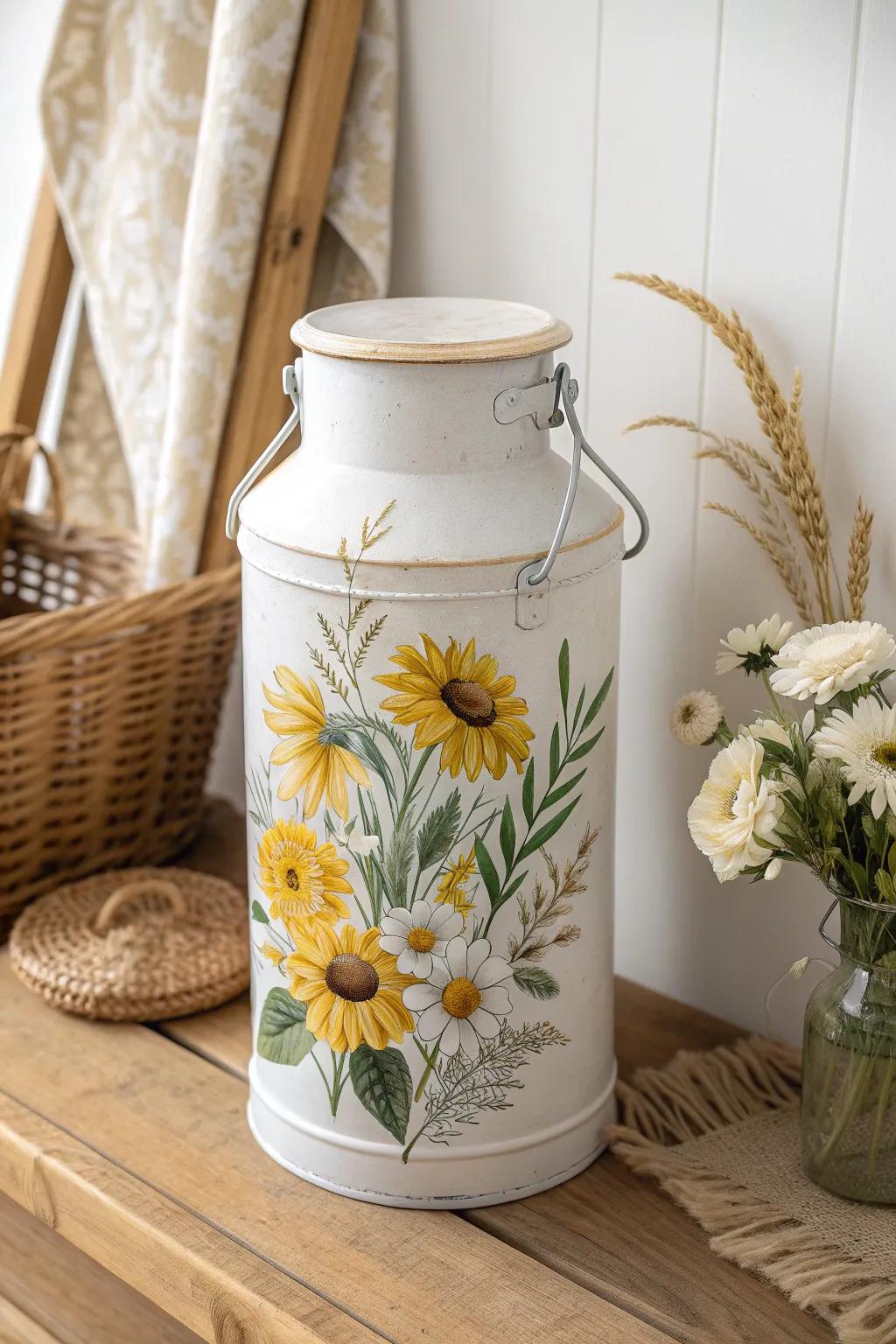 Transform your porch with a touch of floral fantasy—bring joy with painted sunflowers and daisies on a vintage milk can!