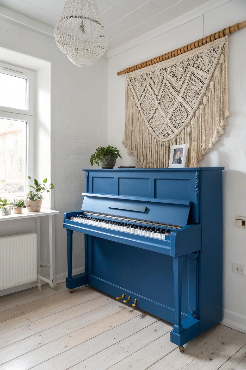 Transform your space with a bold, vibrant piano centerpiece that exudes minimalist elegance and bohemian flair.