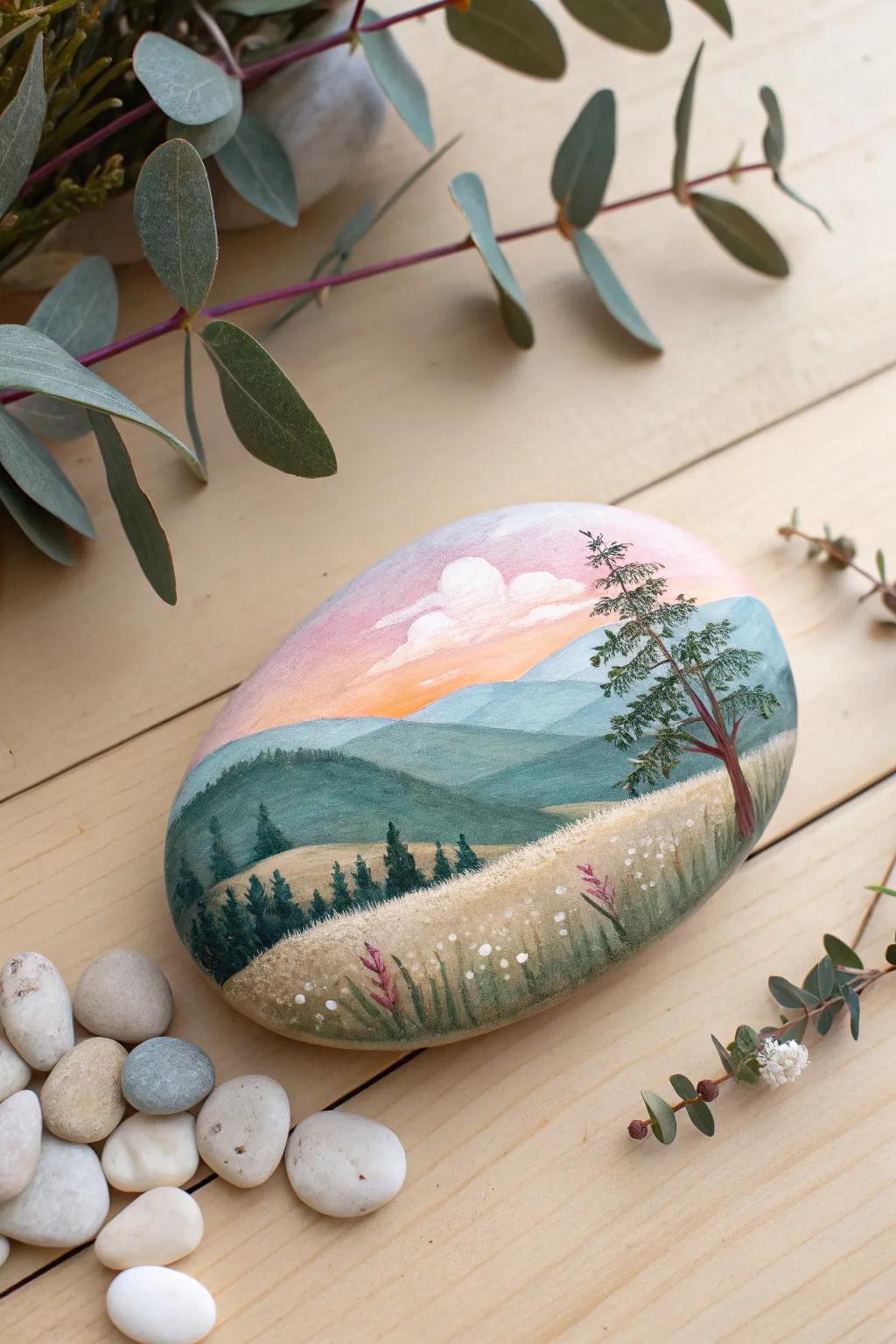 Bring the serene beauty of nature indoors with this exquisite painted rock landscape.