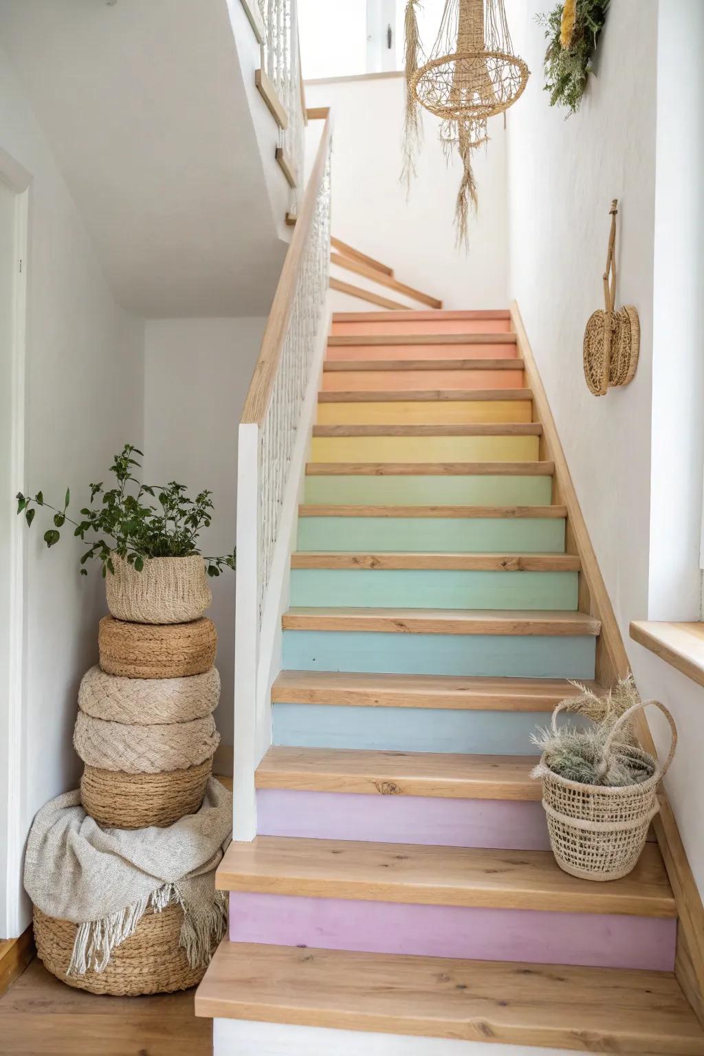 Transform your stairs into a rainbow of joy with minimalist elegance and bohemian charm.