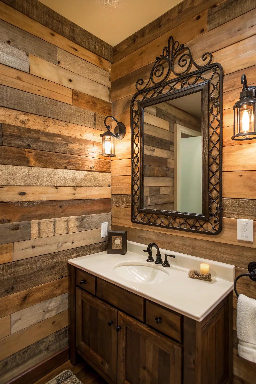 Transform your bathroom into a warm retreat with a rustic pallet wood accent wall.