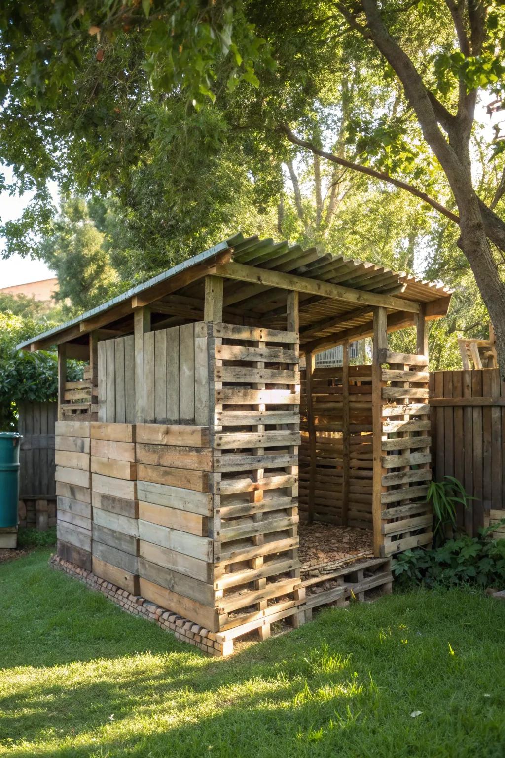 Discover your own rustic retreat with this handcrafted pallet fort, perfectly blending nature and craftsmanship.