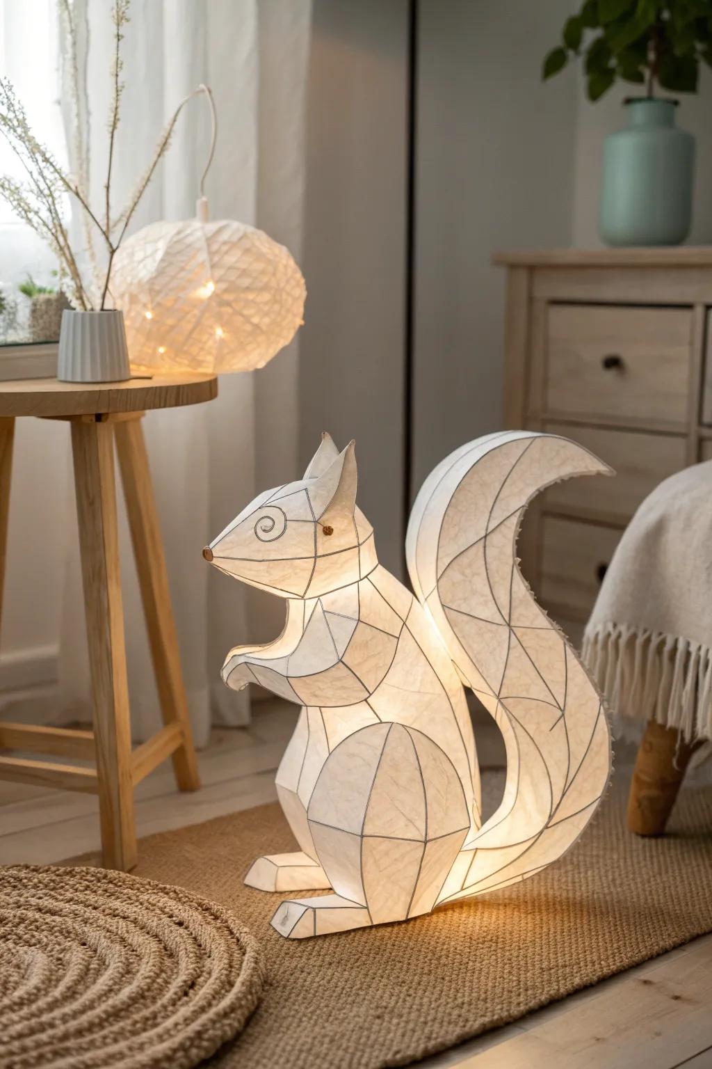 Illuminate your space with the enchanting glow of a handcrafted paper lantern squirrel. Perfectly blending minimalist design with a touch of Boho charm.