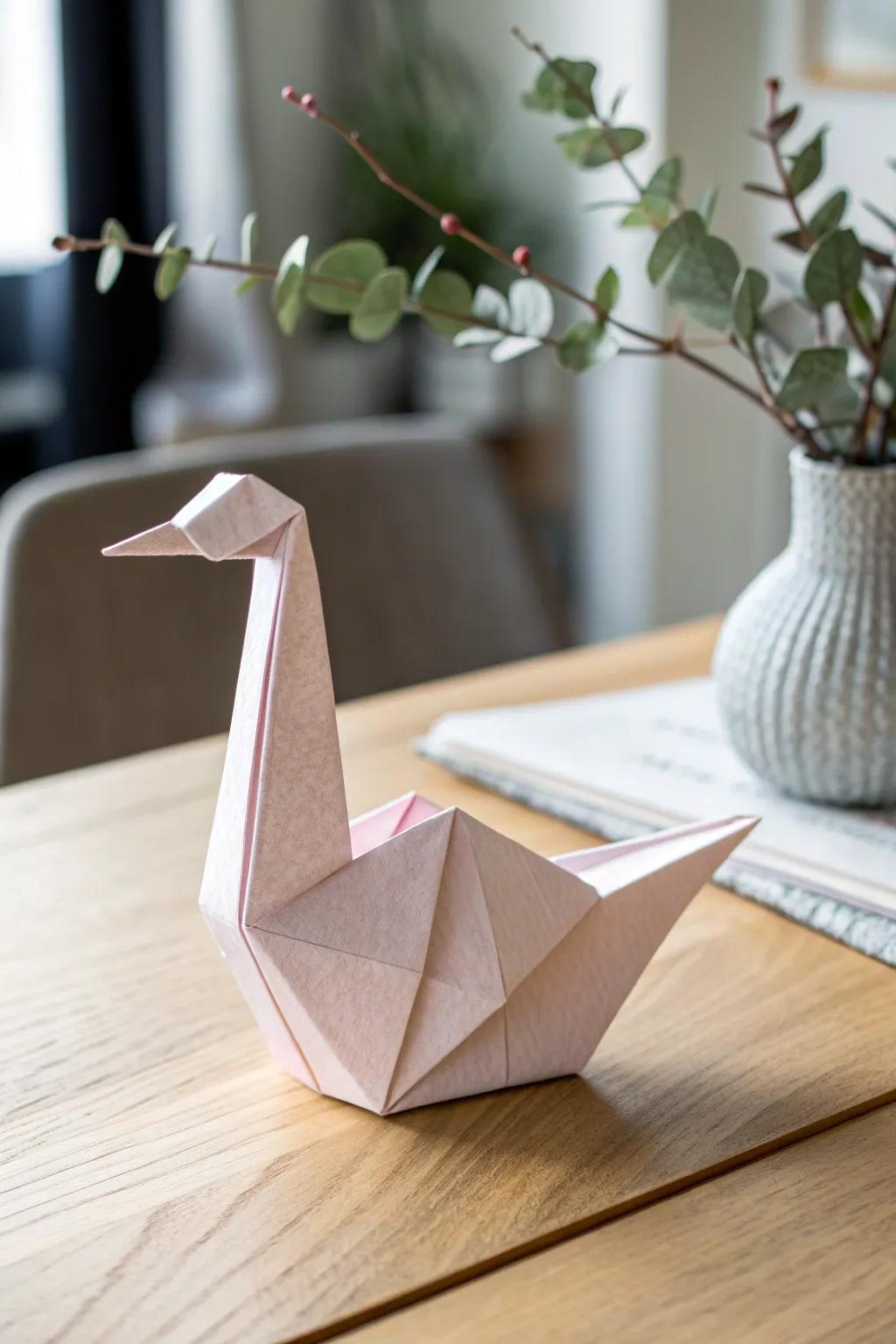 Delicate craftsmanship meets natural beauty in this charming origami paper duck.