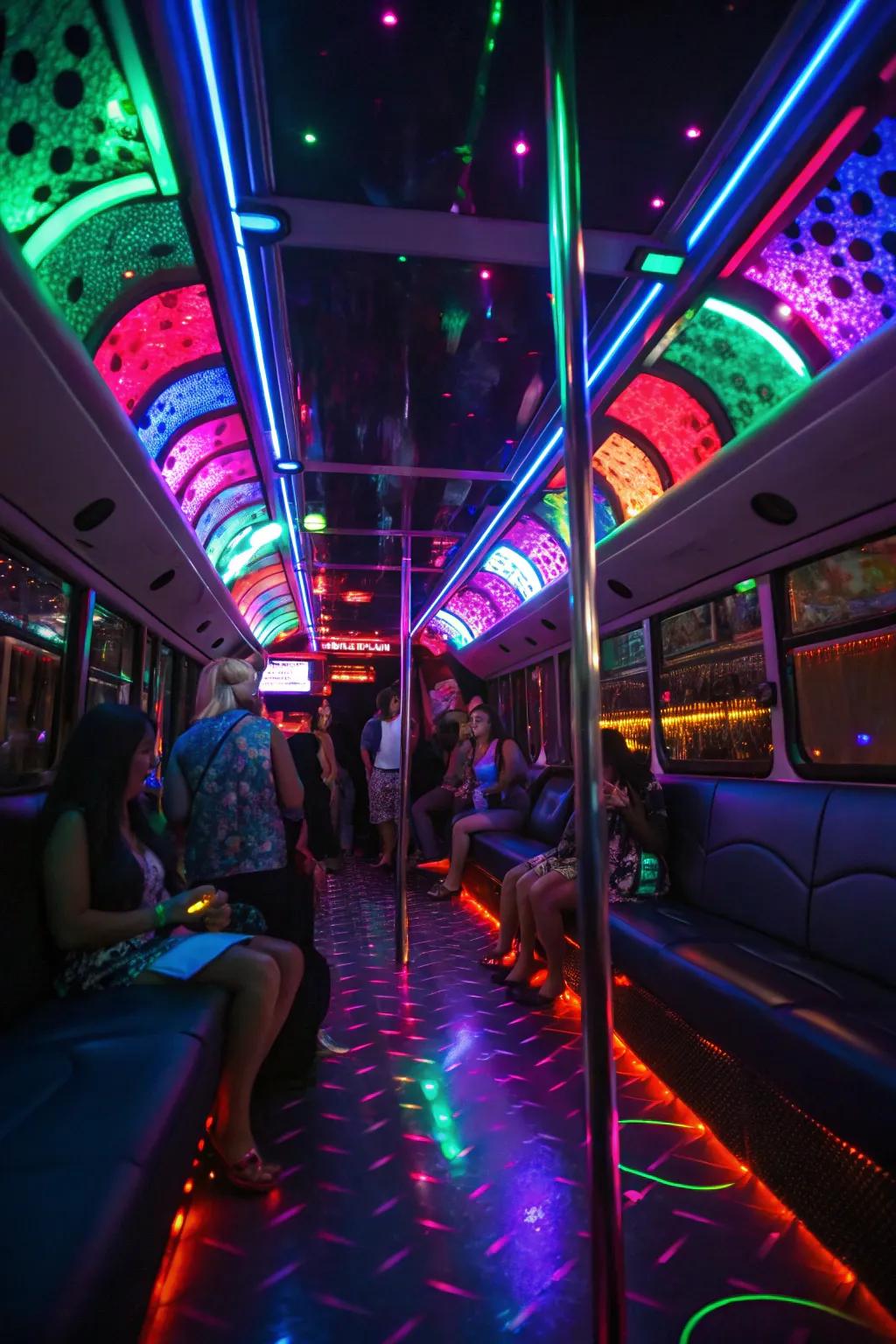 LED and neon lights transform the bus into a party haven.