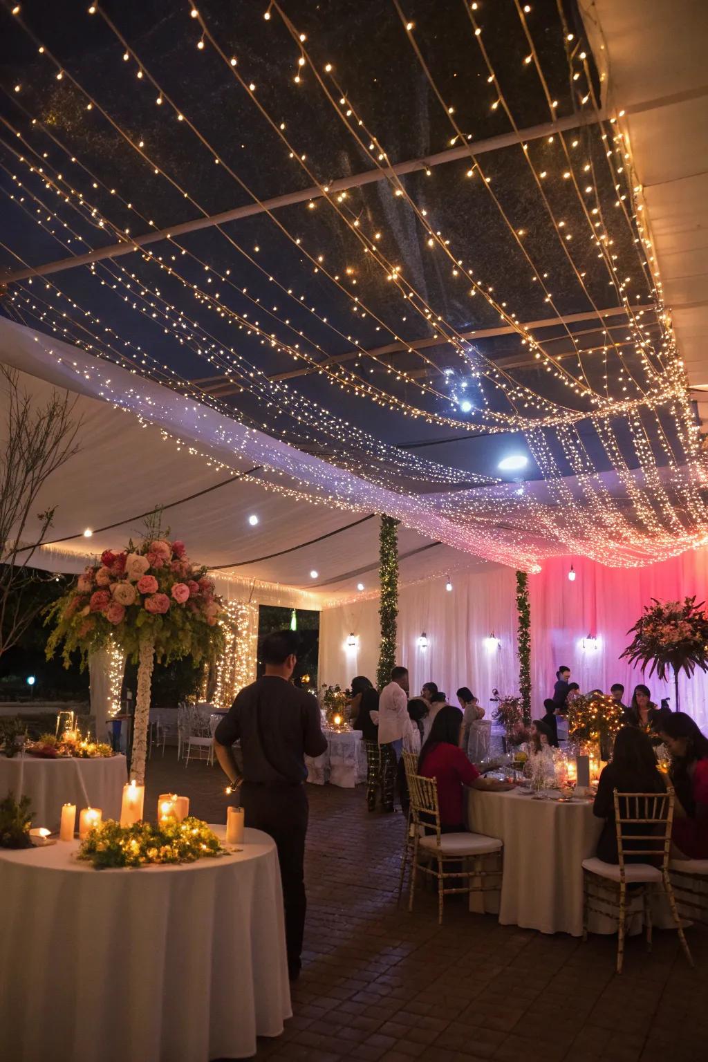 Drape fairy lights for a magical party atmosphere.
