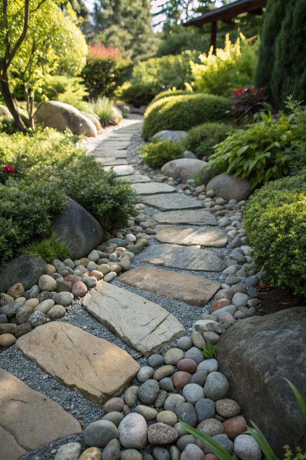 Transform your patio with the rustic elegance of a stone path and rock garden, where craftsmanship meets nature's charm.