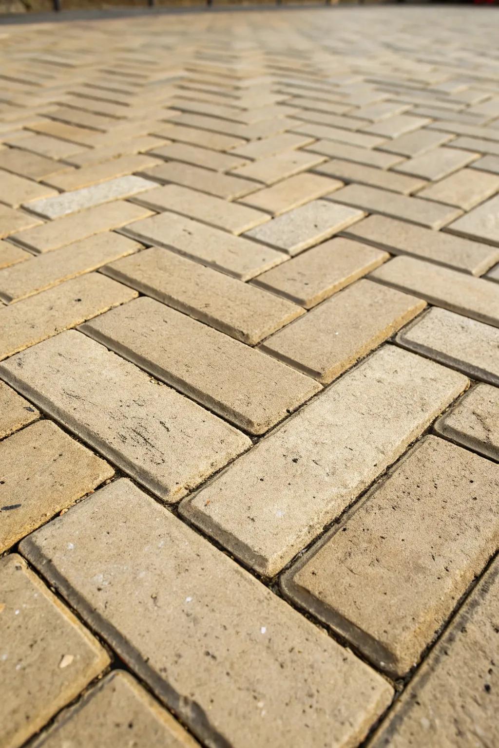 Elevate your space with the timeless elegance of a classic herringbone paver pattern.