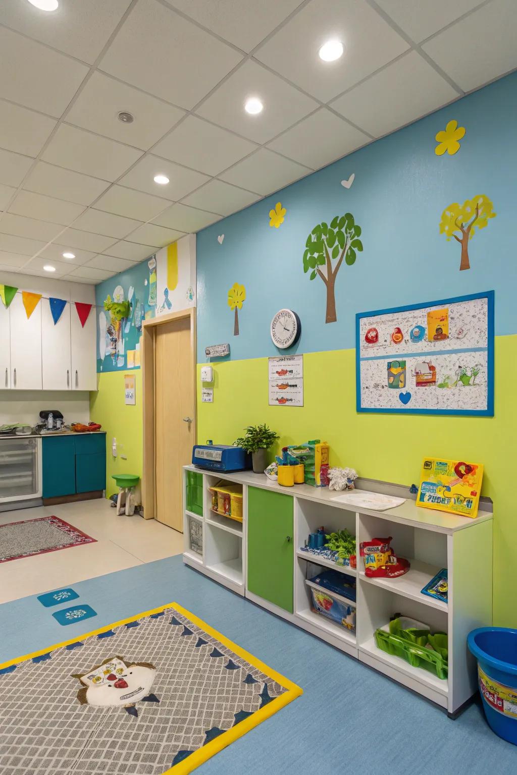 A pediatric office brought to life with vibrant blue, green, and yellow accents.