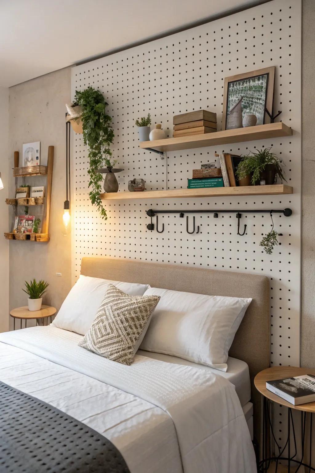 A pegboard headboard doubles as a stylish organizer.