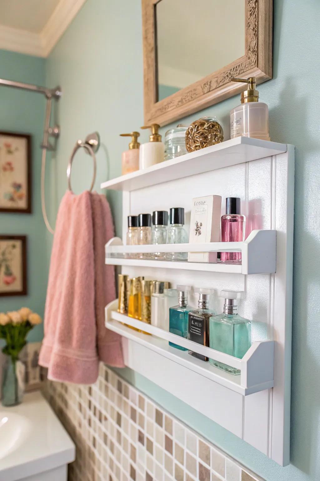 Floating shelves offer a chic way to display your perfume collection.