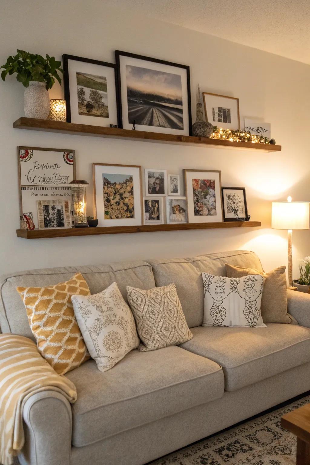 A picture ledge above the sofa creating a cozy focal point.