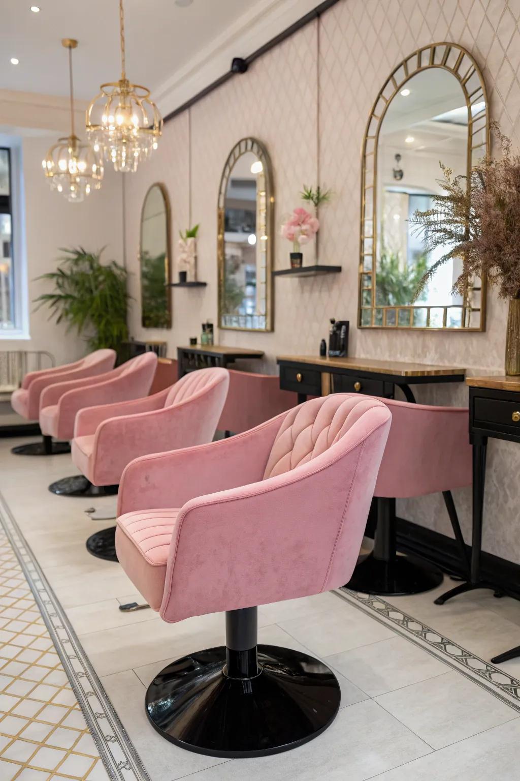 Plush pink seating with black accents adds luxury to any salon.