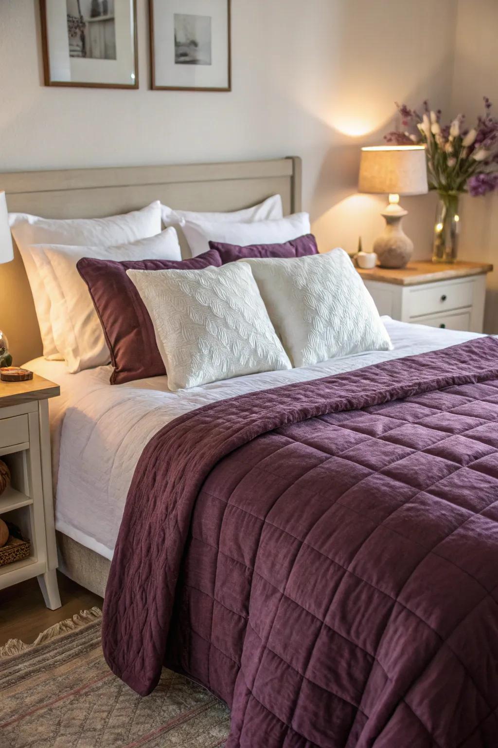 Plum bedding paired with white accents for a balanced look.