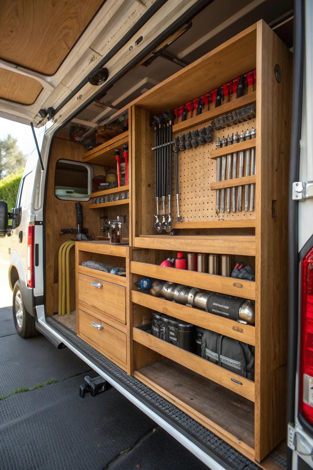 Master the art of organization with sturdy shelving solutions in your plumbing van.
