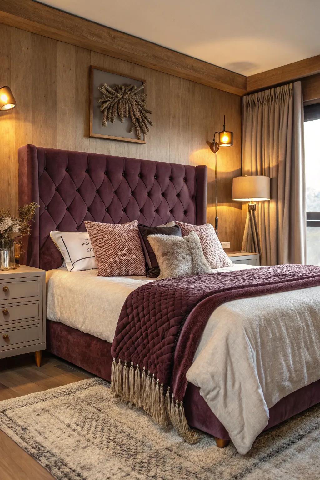 A velvet headboard adds luxury and comfort to any bedroom.