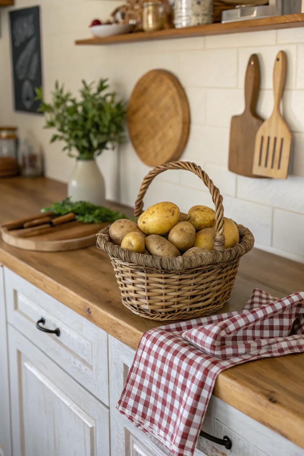 Rustic charm with a basket full of potatoes.