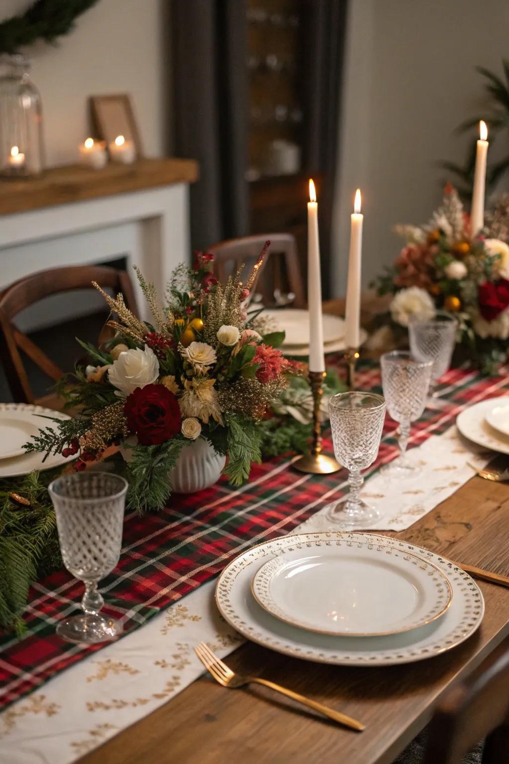A dining table is brought to life with a chic plaid table runner and festive accents.