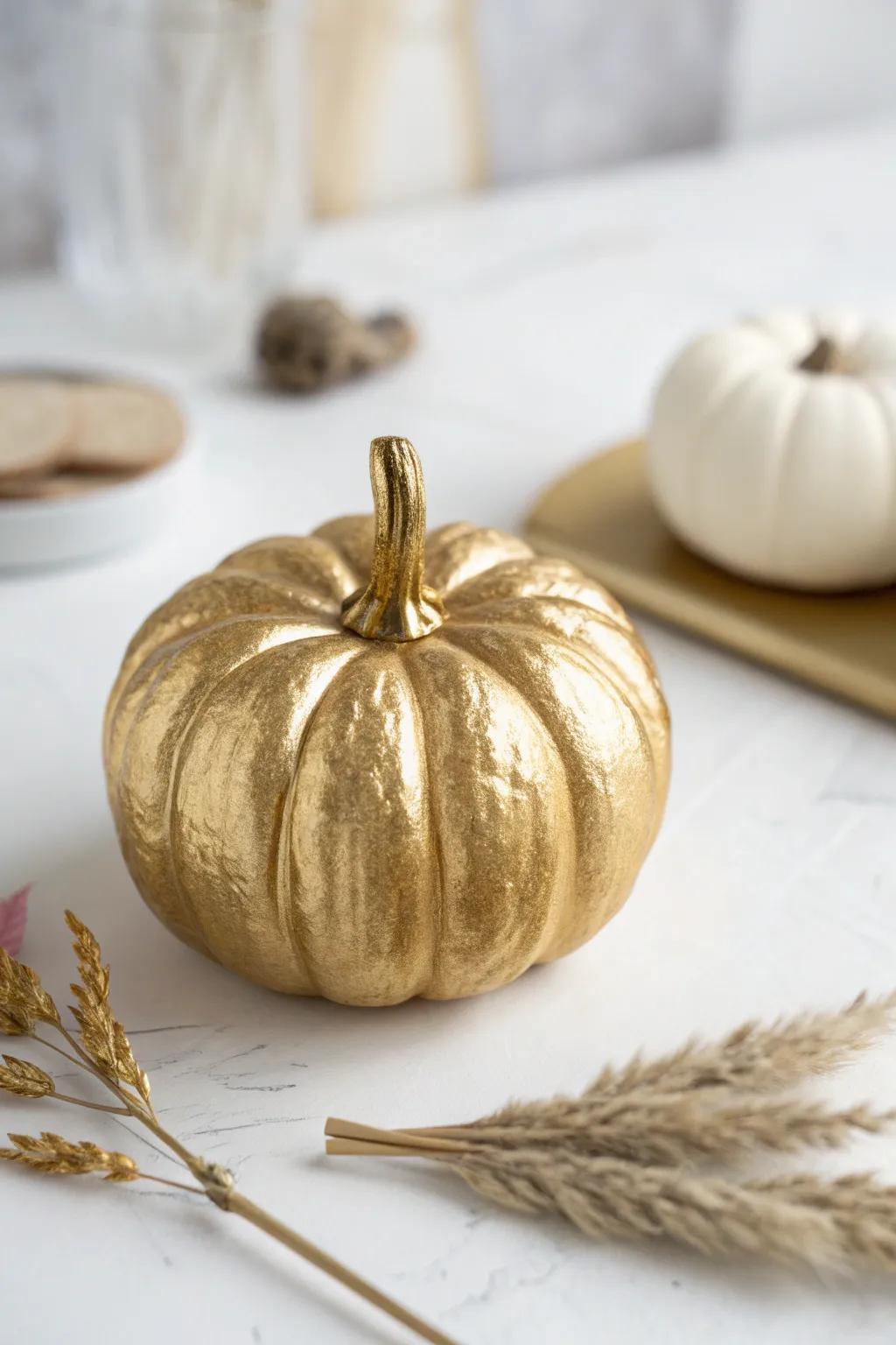 Elevate your fall decor with this chic, golden pumpkin masterpiece.